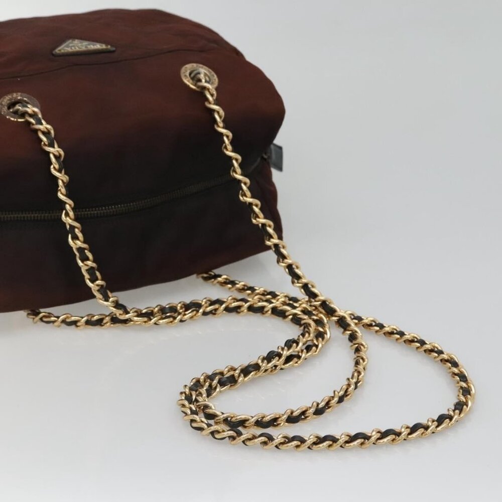 Authentic PRADA Chain Shoulder Bag Nylon Brown Gold - Picture 14 of 16